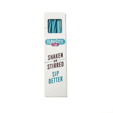 FlavCity Cafe Reusable Straws in blue silicone with a cleaning brush, packaged in a box with the text Shaken or stirred, sip better.