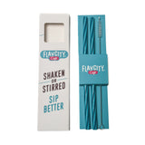 Two turquoise FlavCity Cafe Reusable Straws and a cleaning brush beside their rectangular cardboard packaging.