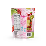 Back of a Strawberry Limeade Electrolyte Mix pouch showing a nutrition facts label, ingredient list, and usage instructions alongside images of fresh strawberries and lime slices.