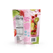 Back of a Strawberry Limeade Electrolyte Mix pouch showing a nutrition facts label, ingredient list, and usage instructions alongside images of fresh strawberries and lime slices.