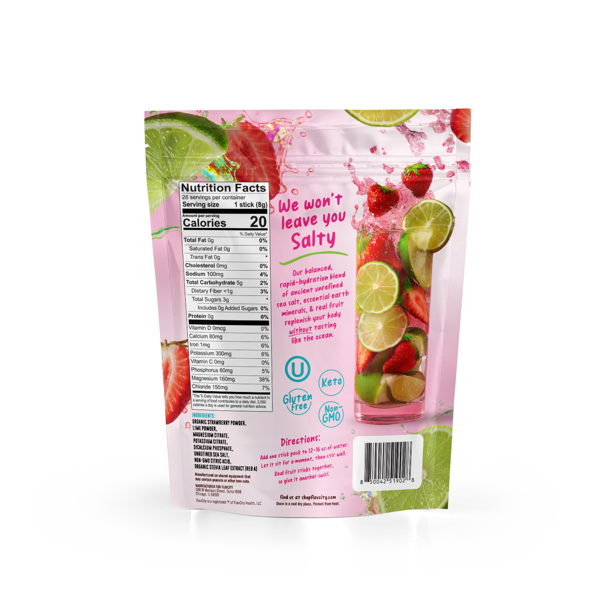 Back of a Strawberry Limeade Electrolyte Mix pouch showing a nutrition facts label, ingredient list, and usage instructions alongside images of fresh strawberries and lime slices.
