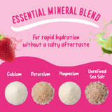 An advertisement for Shop FlavCity Strawberry Limeade Electrolyte Mix featuring a strawberry, a lime, and labeled piles of calcium, potassium, magnesium, and unrefined sea salt.