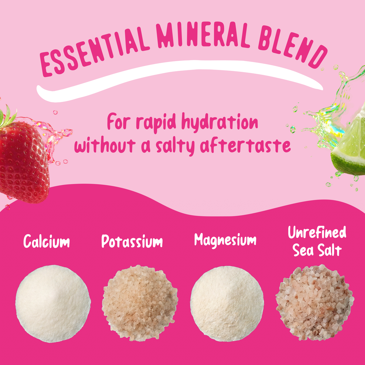An advertisement for Shop FlavCity Strawberry Limeade Electrolyte Mix featuring a strawberry, a lime, and labeled piles of calcium, potassium, magnesium, and unrefined sea salt.