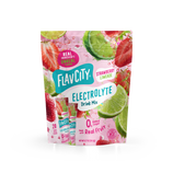 A pouch of Shop FlavCity Strawberry Limeade Electrolyte Mix featuring graphics of sliced strawberries and lime wheels.
