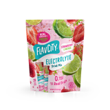A pouch of Shop FlavCity Strawberry Limeade Electrolyte Mix featuring graphics of sliced strawberries and lime wheels.