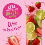A tall glass of Strawberry Limeade Electrolyte Mix with sliced strawberries, lime wedges, and splashing liquid, next to text promoting real fruit, zero added sugar, and unreal flavor.