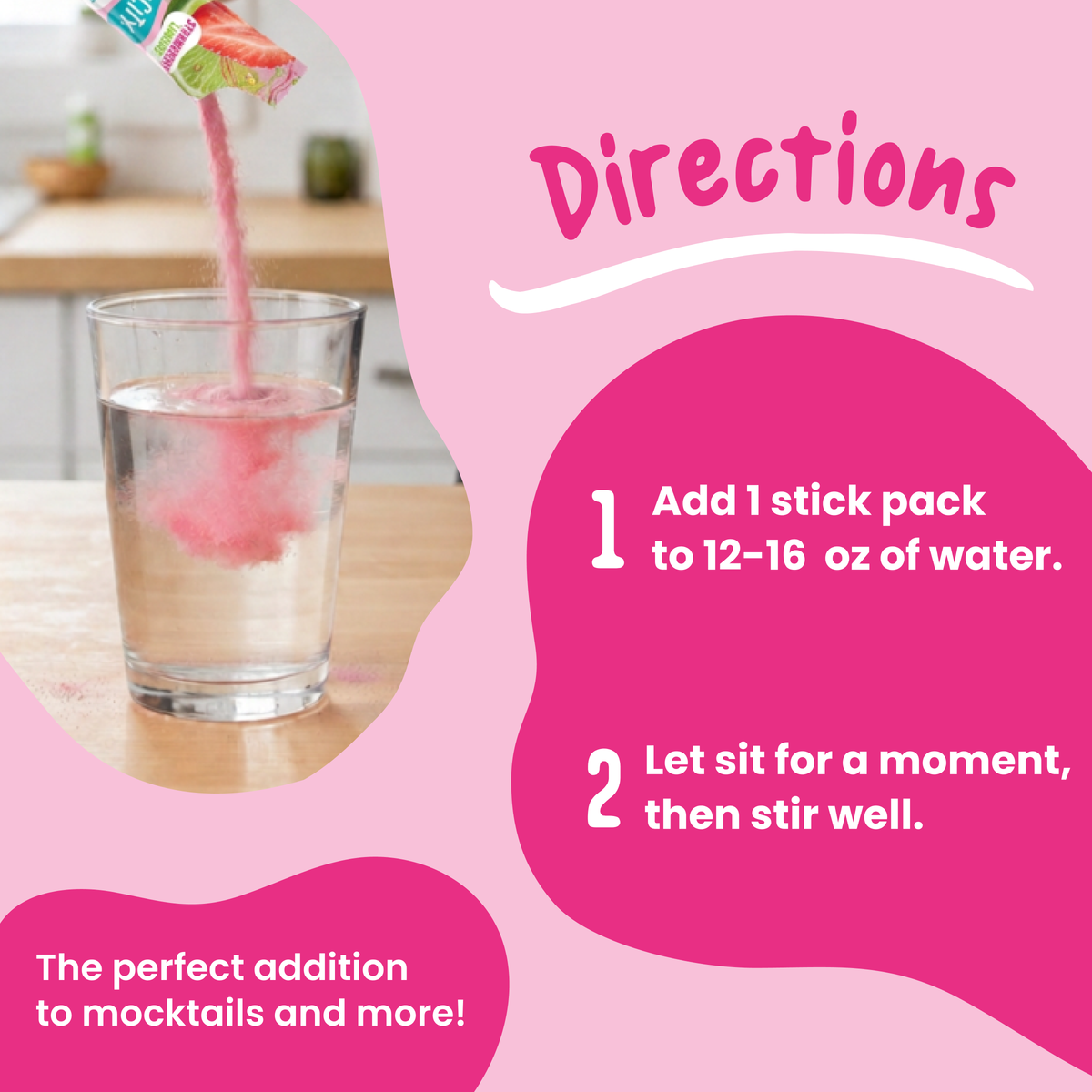 A stick pack of FlavCity Strawberry Limeade Electrolyte Mix pours pink powder into a glass of water; add one stick pack to 12-16 ounces of water and stir well.