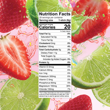 A nutrition facts label for Shop FlavCity Strawberry Limeade Electrolyte Mix, surrounded by splashing liquid, sliced strawberries, and lime wedges.