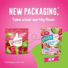 Two pouches of Strawberry Limeade Electrolyte Mix, showing the original packaging design on the left and the updated design on the right.