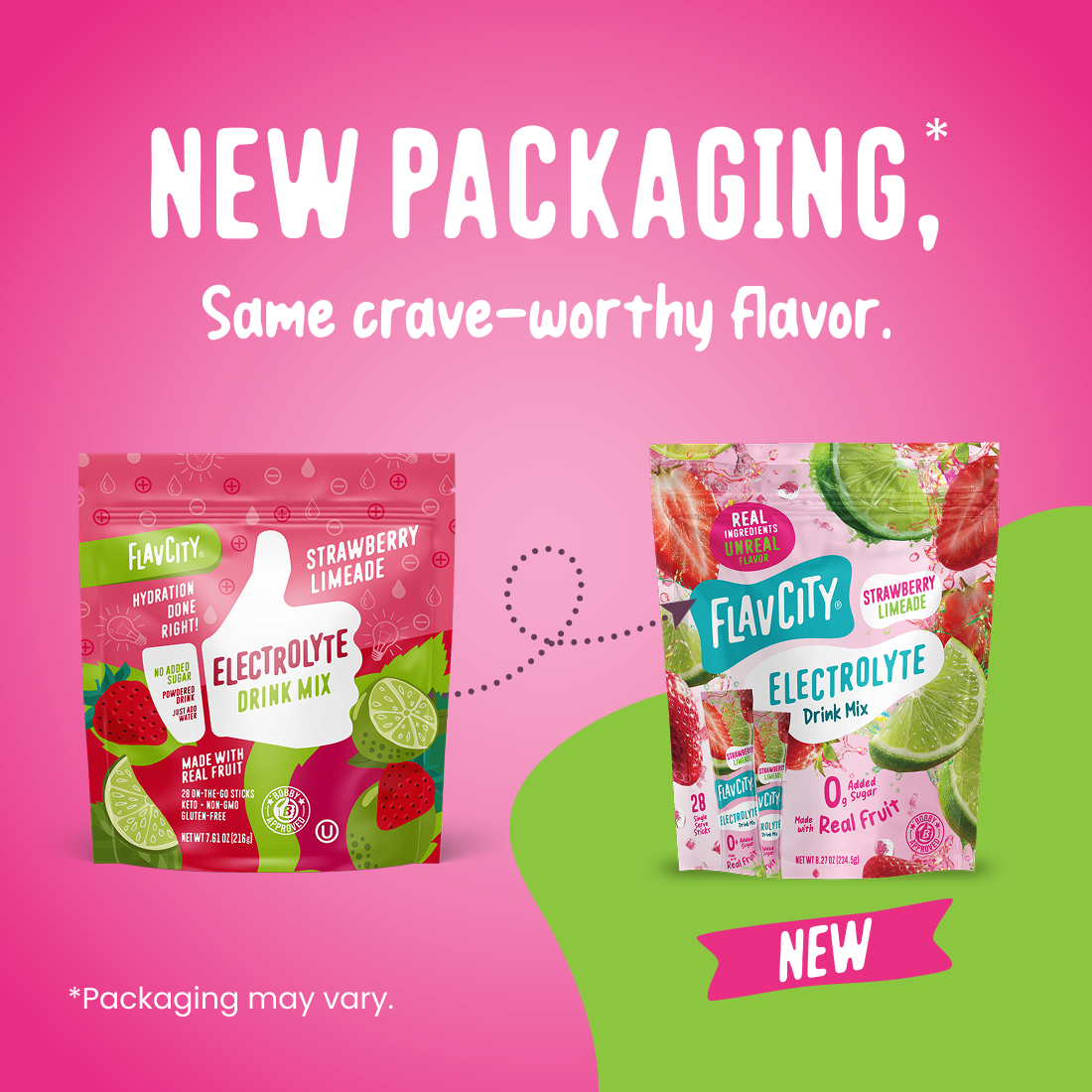 Two pouches of Strawberry Limeade Electrolyte Mix, showing the original packaging design on the left and the updated design on the right.