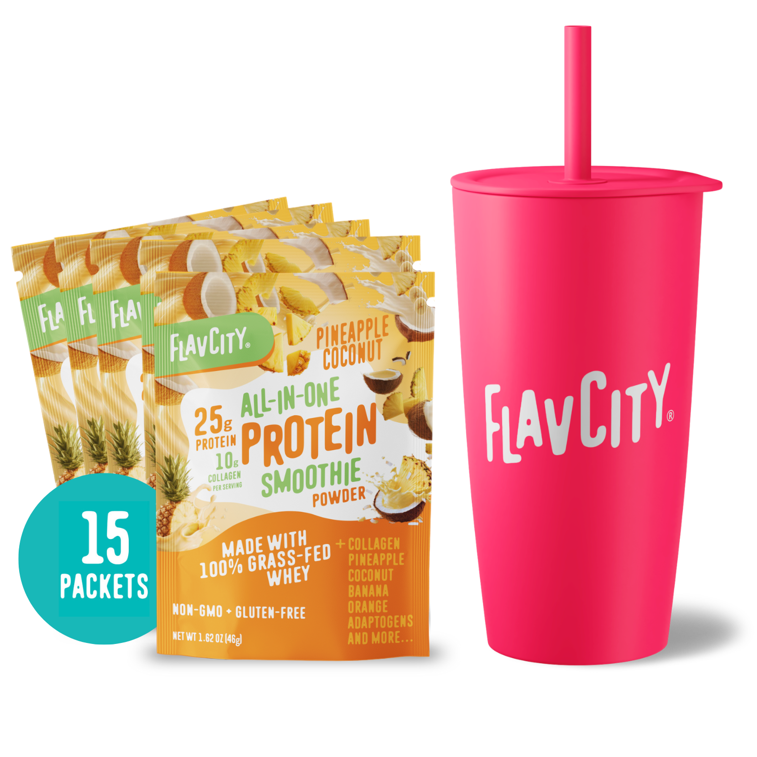 A stack of FlavCity Cafe Tropical Sip (Coral) protein smoothie packets sits next to a bright pink tumbler with a matching straw. A blue circle highlights “15 Packets.” The powder features grass-fed whey protein and pineapple coconut flavor.