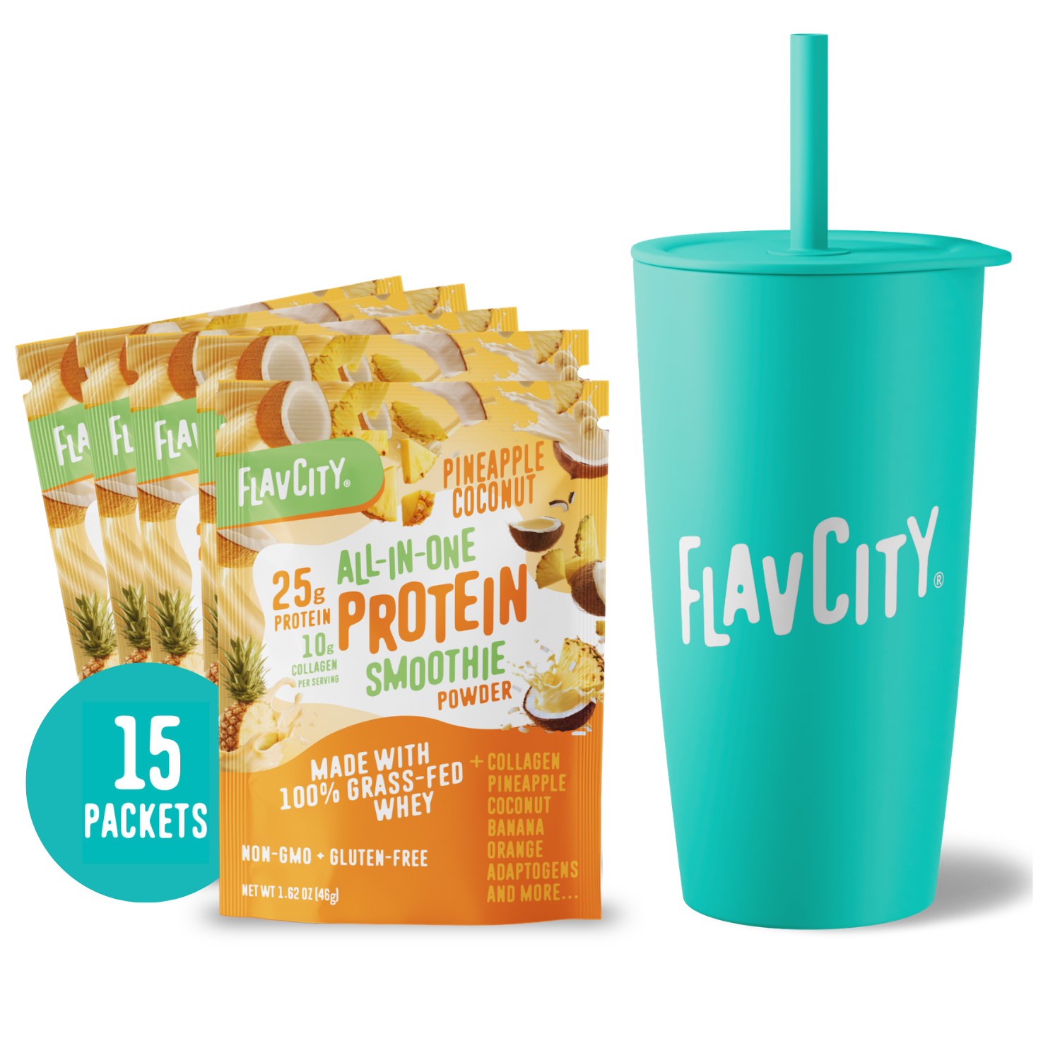 A Tropical Sip (Teal) tumbler from FlavCity Cafe stands next to a box of FlavCity Cafe Pineapple Coconut Protein Smoothie Powder with grass-fed whey protein, featuring 15 individual packets.