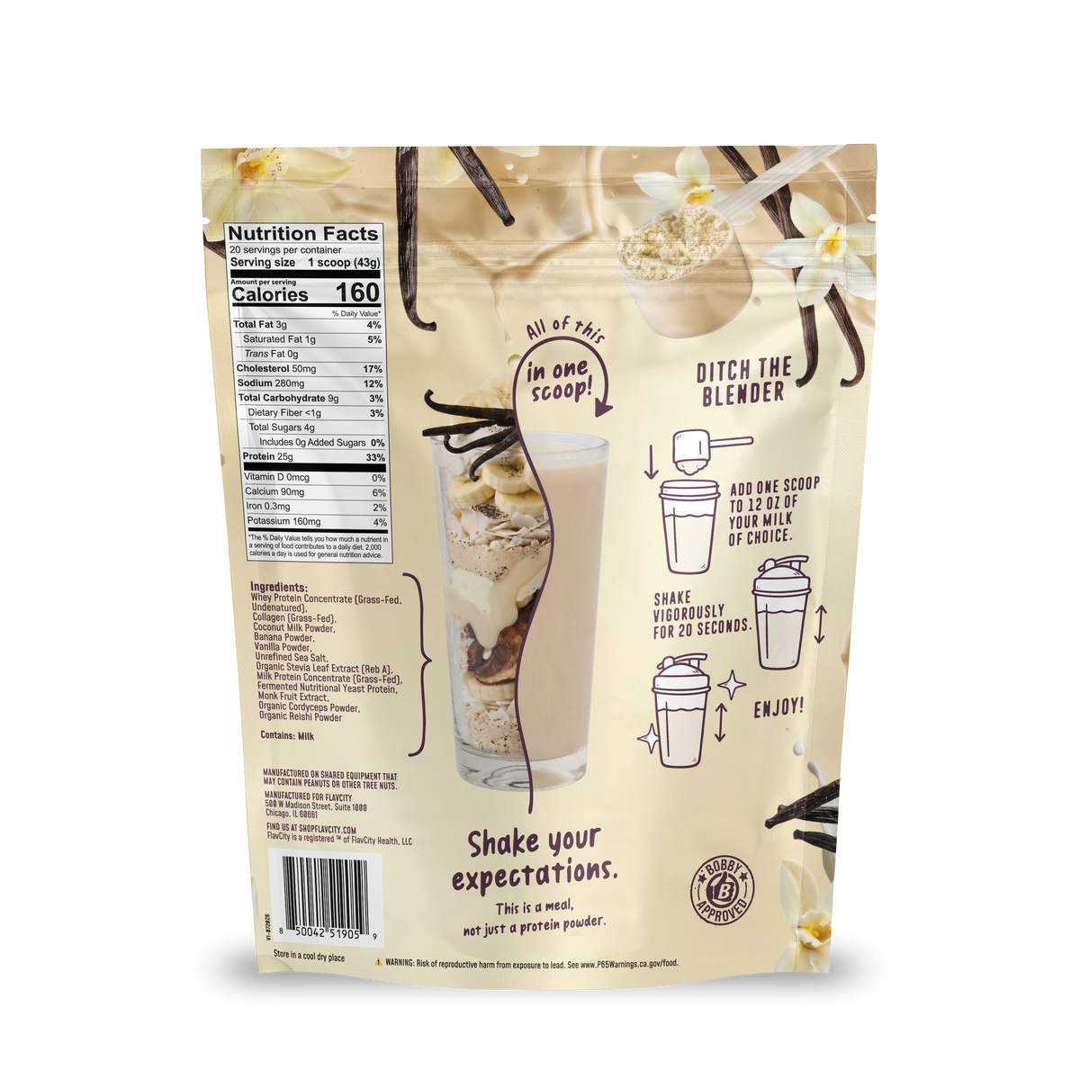 The back of the Shop FlavCity Vanilla Cream Protein Smoothie bag displays nutrition facts, a list of ingredients featuring grass-fed whey, and simple directions: mix one scoop with water or milk, shake well, and enjoy. The packaging is decorated with images of vanilla beans and a creamy smoothie. Slogan: Shake your expectations with every Vanilla Cream Protein Smoothie.