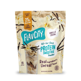 Shop FlavCity Vanilla Cream Protein Smoothie bag featuring images of vanilla flowers, a smoothie, and clear text highlighting 25g grass-fed whey protein, 10g collagen, 20 servings, and real ingredients.