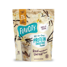 Shop FlavCity Vanilla Cream Protein Smoothie bag featuring images of vanilla flowers, a smoothie, and clear text highlighting 25g grass-fed whey protein, 10g collagen, 20 servings, and real ingredients.