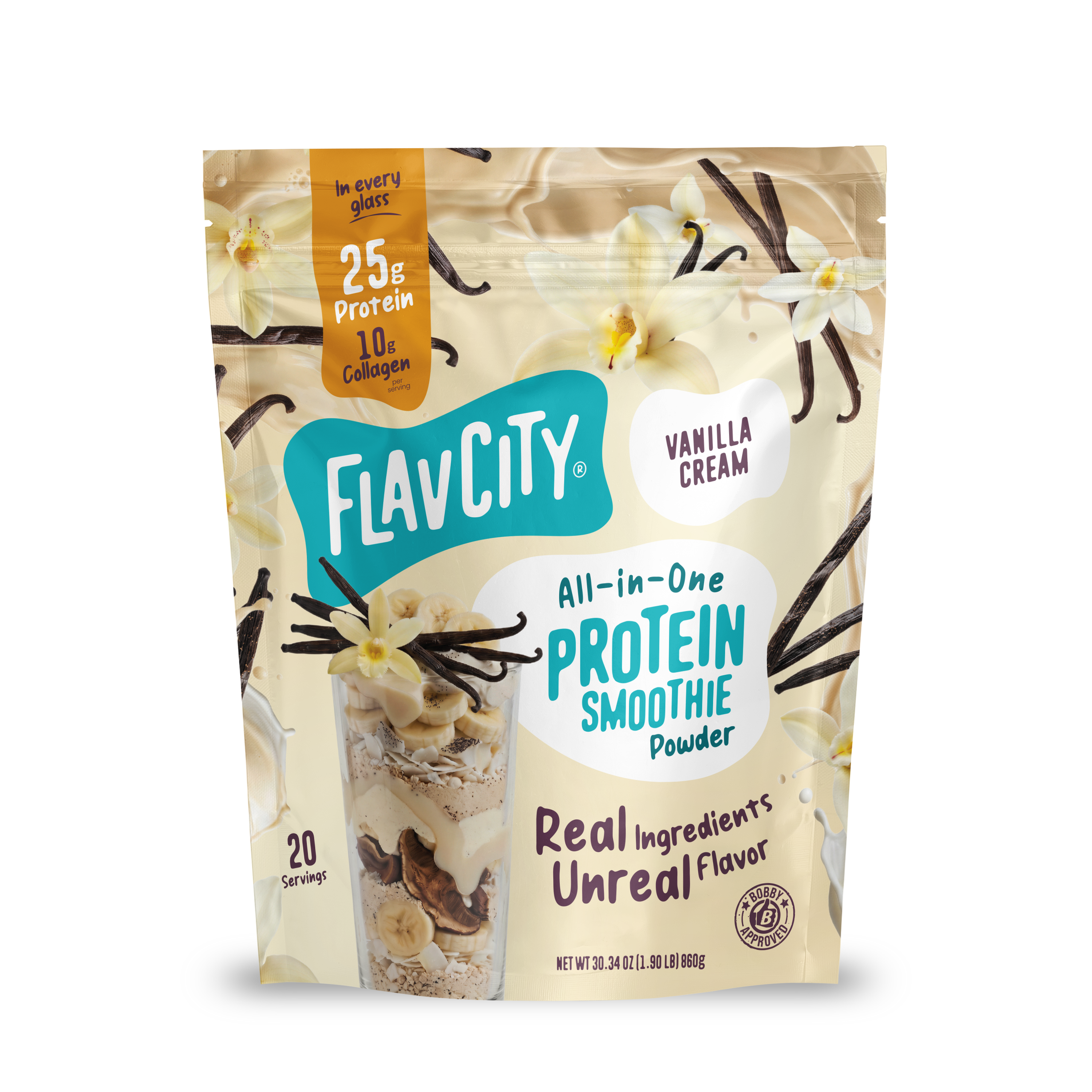 Shop FlavCity Vanilla Cream Protein Smoothie bag featuring images of vanilla flowers, a smoothie, and clear text highlighting 25g grass-fed whey protein, 10g collagen, 20 servings, and real ingredients.