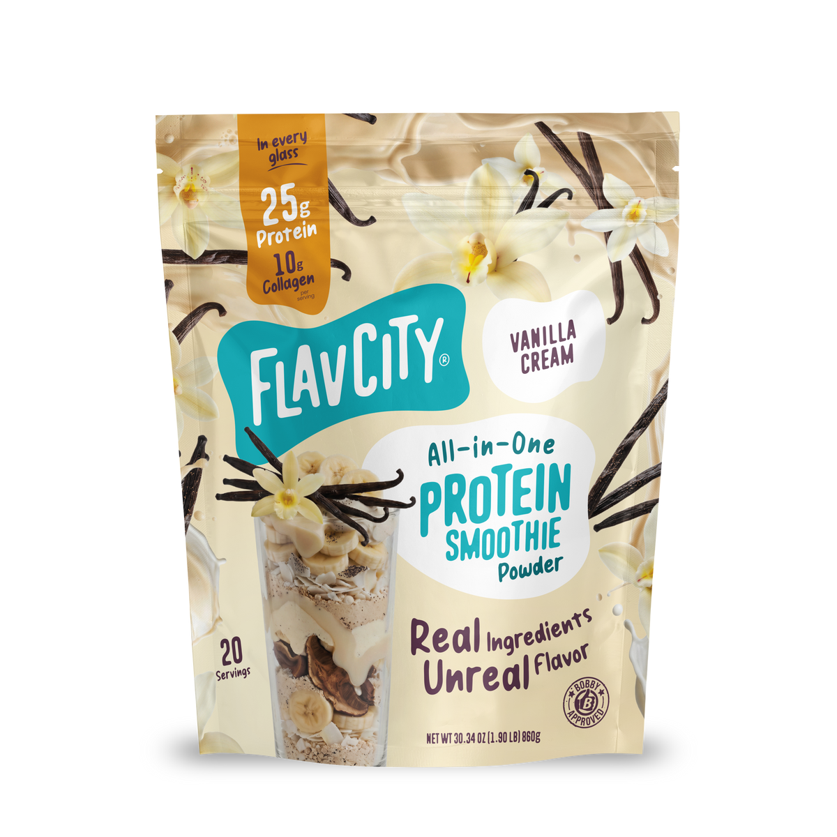 Shop FlavCity Vanilla Cream Protein Smoothie bag featuring images of vanilla flowers, a smoothie, and clear text highlighting 25g grass-fed whey protein, 10g collagen, 20 servings, and real ingredients.