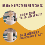 A scoop of Shop FlavCity’s Vanilla Cream Protein Smoothie powder is added to a jar of milk; beside it, a shaken jar of the Vanilla Cream Protein Smoothie stands next to a scoop. The text explains that you can enjoy a smooth boost of collagen and protein in under 30 seconds by shaking one scoop in 12 oz of milk or water.