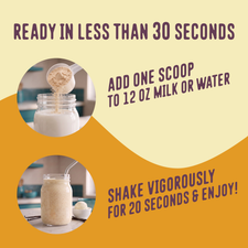 A scoop of Shop FlavCity’s Vanilla Cream Protein Smoothie powder is added to a jar of milk; beside it, a shaken jar of the Vanilla Cream Protein Smoothie stands next to a scoop. The text explains that you can enjoy a smooth boost of collagen and protein in under 30 seconds by shaking one scoop in 12 oz of milk or water.