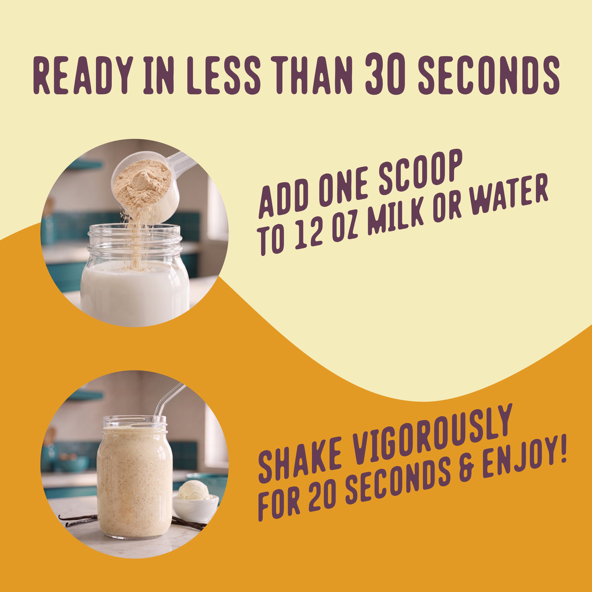 A scoop of Shop FlavCity’s Vanilla Cream Protein Smoothie powder is added to a jar of milk; beside it, a shaken jar of the Vanilla Cream Protein Smoothie stands next to a scoop. The text explains that you can enjoy a smooth boost of collagen and protein in under 30 seconds by shaking one scoop in 12 oz of milk or water.