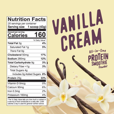 Shop FlavCity Vanilla Cream Protein Smoothie powder splashing into cream, surrounded by vanilla flowers and bean pods, with the nutrition facts label and product text displayed.