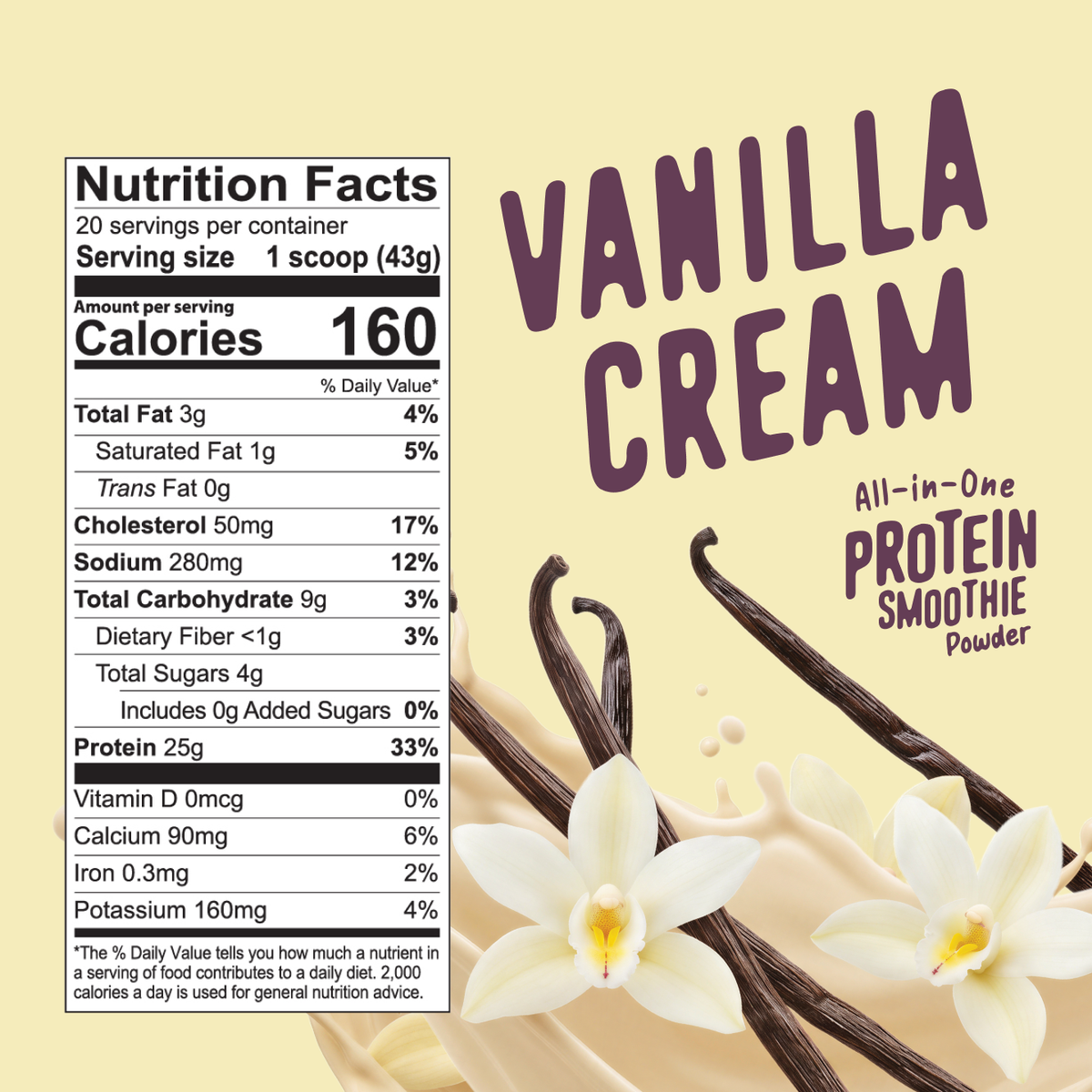 Shop FlavCity Vanilla Cream Protein Smoothie powder splashing into cream, surrounded by vanilla flowers and bean pods, with the nutrition facts label and product text displayed.