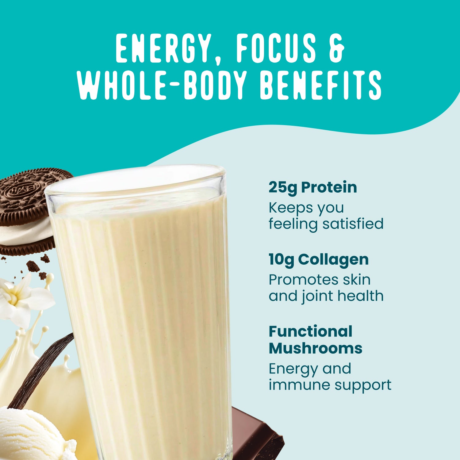 A graphic features Shop FlavCity’s Banana Bread Protein Smoothies Packets beside a glass, highlighting: 25g protein for fullness, 10g collagen for skin/joint support, and functional mushrooms for energy and focus.
