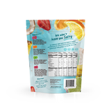 Back of a Variety Pack Electrolyte Mix packet showing nutrition facts, ingredient lists, directions, and a fruit collage of the real fruit ingredients.