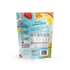 Back of a Variety Pack Electrolyte Mix packet showing nutrition facts, ingredient lists, directions, and a fruit collage of the real fruit ingredients.