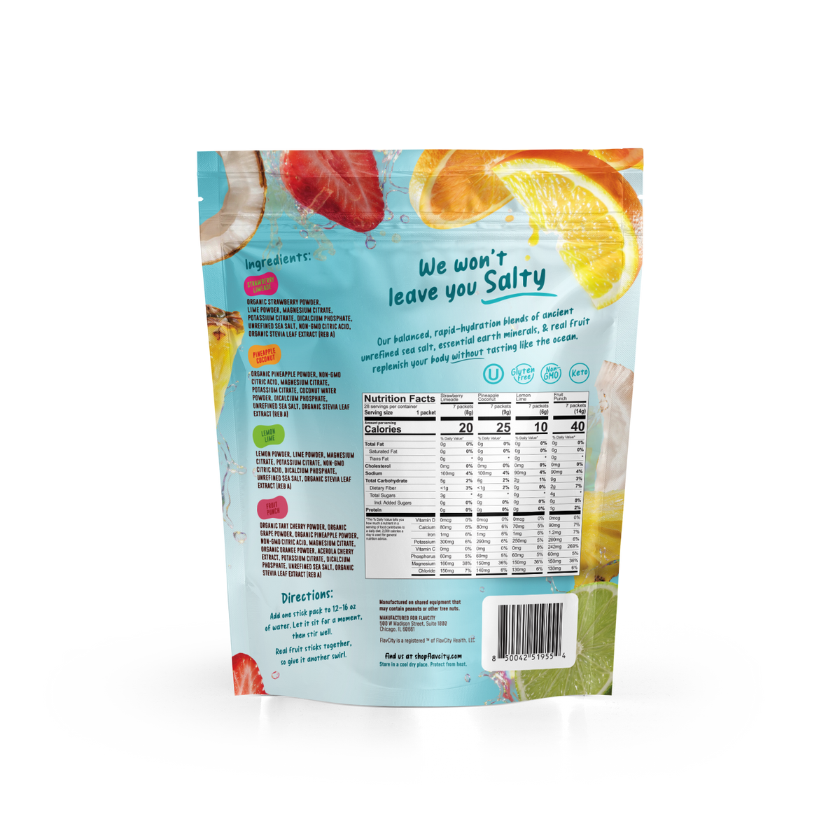 Back of a Variety Pack Electrolyte Mix packet showing nutrition facts, ingredient lists, directions, and a fruit collage of the real fruit ingredients.