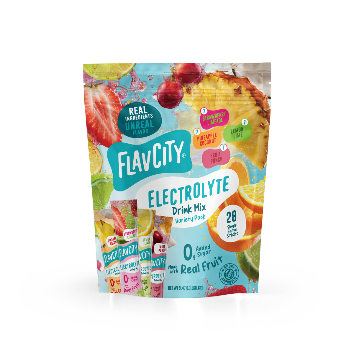 A stand-up pouch of Shop FlavCity Variety Pack Electrolyte Mix surrounded by fresh fruit, featuring 28 single-serve sticks in four flavors: strawberry limeade, pineapple coconut, lemon lime, and fruit punch.