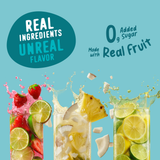 Three glasses of Shop FlavCity Variety Pack Electrolyte Mix fruit-infused water splashing with strawberries, limes, pineapple, and coconut, under text reading Real Ingredients, Unreal Flavor, 0g Added Sugar, and Made with Real Fruit.