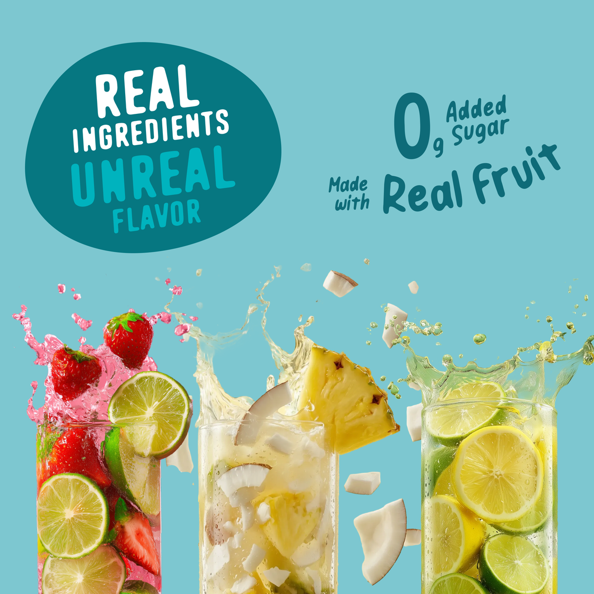 Three glasses of Shop FlavCity Variety Pack Electrolyte Mix fruit-infused water splashing with strawberries, limes, pineapple, and coconut, under text reading Real Ingredients, Unreal Flavor, 0g Added Sugar, and Made with Real Fruit.