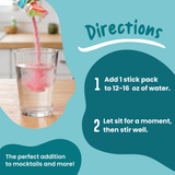 Pink Variety Pack Electrolyte Mix powder being poured from a stick pack into a glass of water, with instructions to add one stick to 12-16 ounces of water, stir, and use as the perfect addition to mocktails.