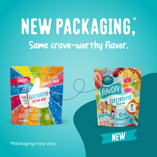 Two packages of Variety Pack Electrolyte Mix, one showing the original design and the other showing the updated design surrounded by images of real fruit.