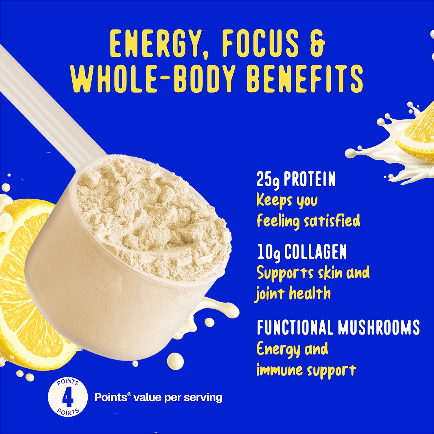 A scoop of Whipped Lemonade Protein Smoothie by Shop FlavCity sits against a blue and yellow background, featuring 25g protein, 10g collagen, functional mushrooms, and lemon—your summer drink for energy, focus, and wellness.