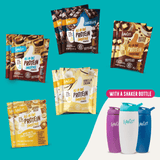 Shop FlavCity Protein Smoothie Starter Kit includes six assorted single-serve packets and three shaker bottles (purple, blue, white) on a teal background. Text: WITH A SHAKER BOTTLE.