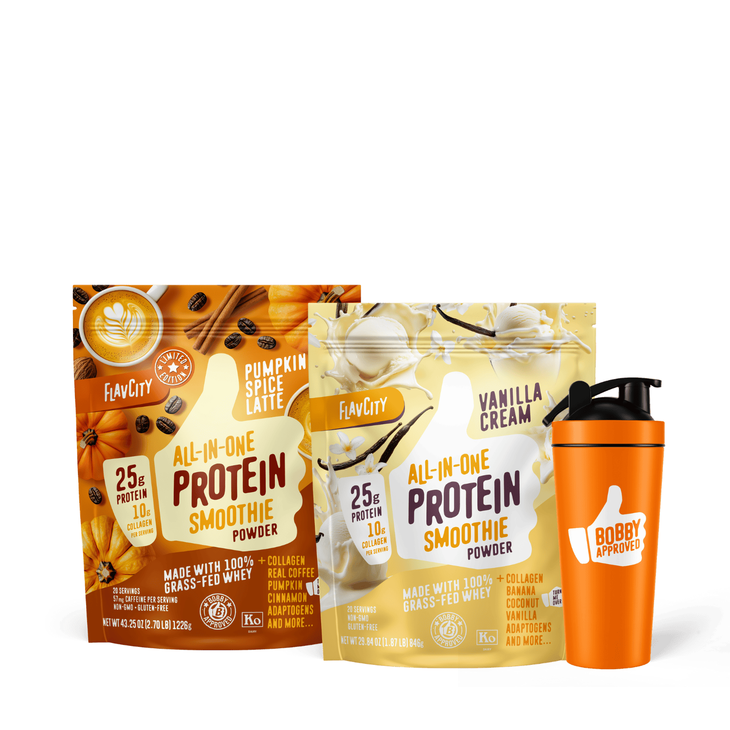 The Fall Routine Bundle from Shop FlavCity, featuring two protein smoothie powders and an orange Bobby Approved shaker bottle, is displayed together on a clean white background.