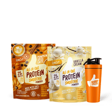 The Fall Routine Bundle from Shop FlavCity, featuring two protein smoothie powders and an orange Bobby Approved shaker bottle, is displayed together on a clean white background.