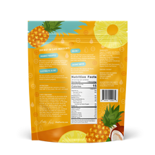 Back of the FlavCity Pineapple Coconut Electrolyte Drink Mix bag in orange and yellow tones. The design includes detailed ingredient descriptions such as organic pineapple, coconut water, sea salt, and a proprietary electrolyte blend, along with nutrition facts, a barcode, and illustrations of pineapple, coconut, and water droplets.