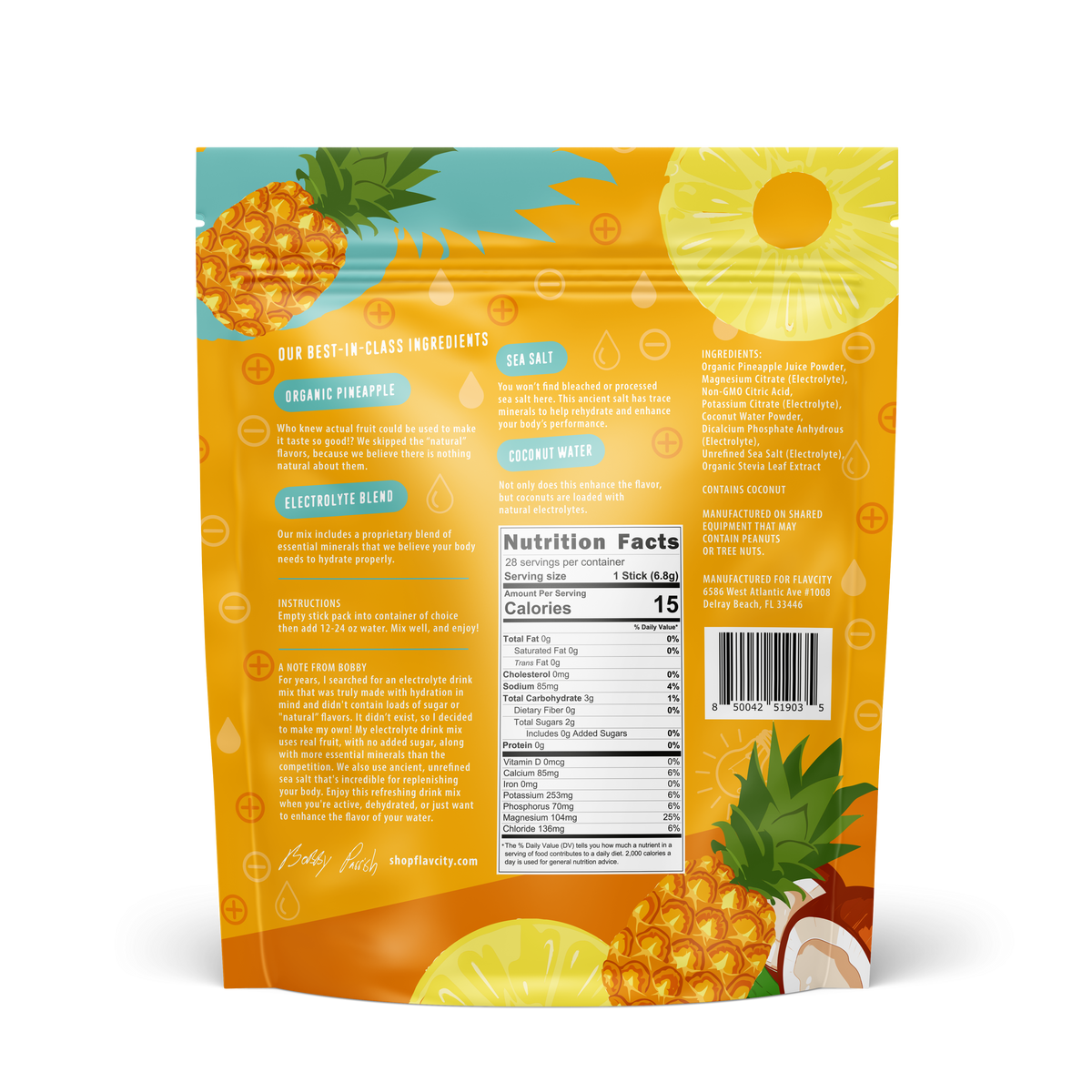 Back of the FlavCity Pineapple Coconut Electrolyte Drink Mix bag in orange and yellow tones. The design includes detailed ingredient descriptions such as organic pineapple, coconut water, sea salt, and a proprietary electrolyte blend, along with nutrition facts, a barcode, and illustrations of pineapple, coconut, and water droplets.
