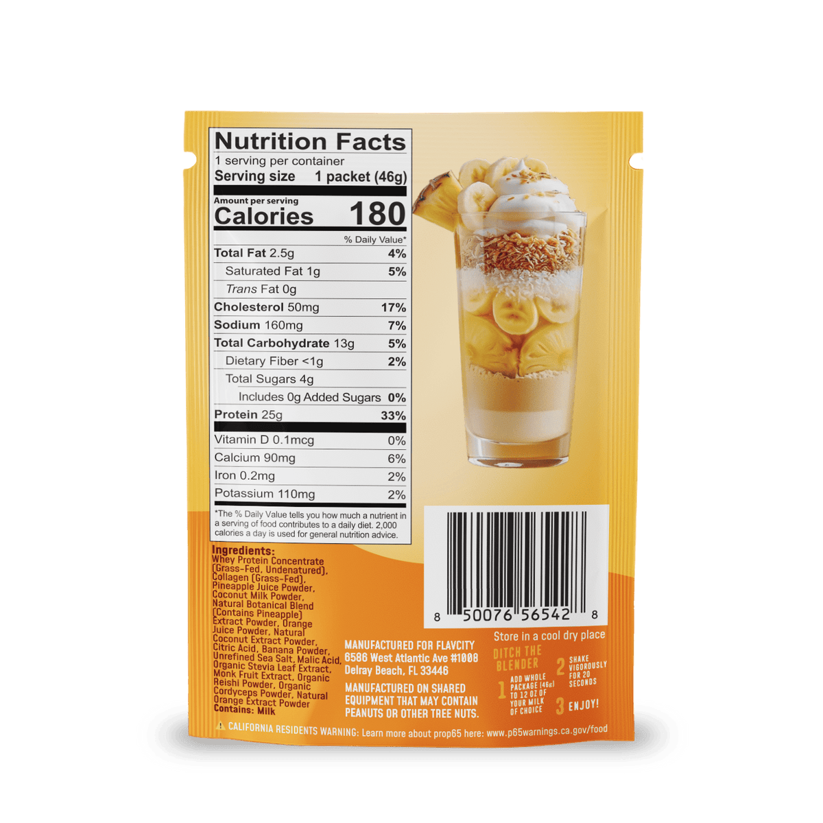 Back of FlavCity Cafe Tropical Sip (Teal) packet shows nutrition facts, ingredients, a photo of banana pudding dessert in a glass, and a barcode at the bottom. Contains grass-fed whey protein.
