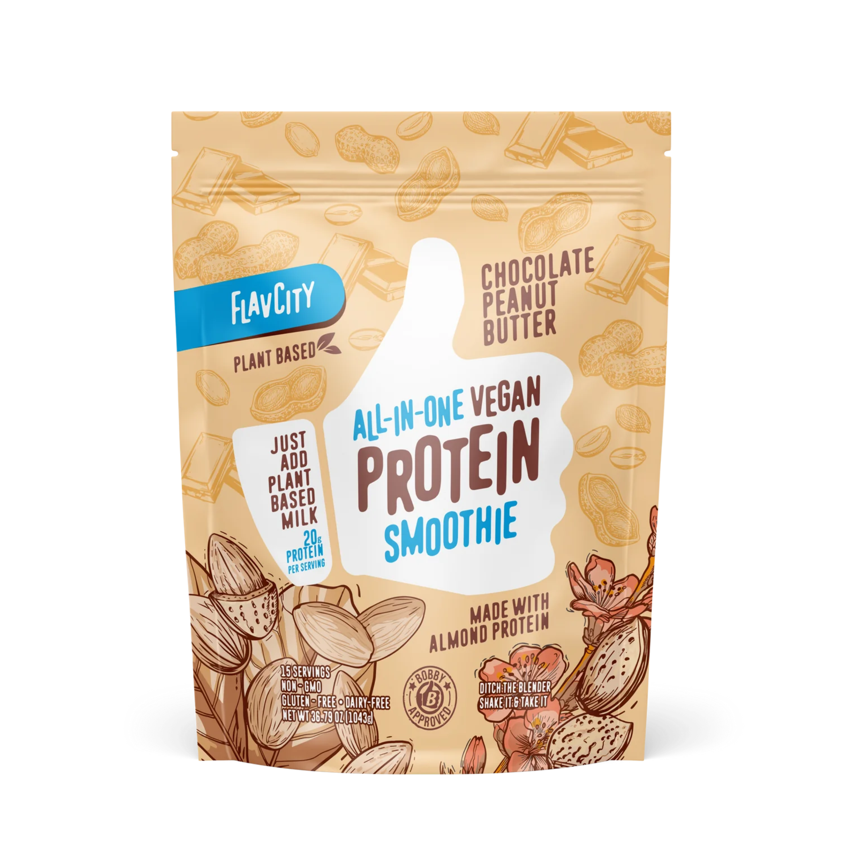 A tan bag of plant-based protein smoothie powder with a 'Chocolate Peanut Butter' flavor, showcasing a simplistic design with coco bean imagery.
