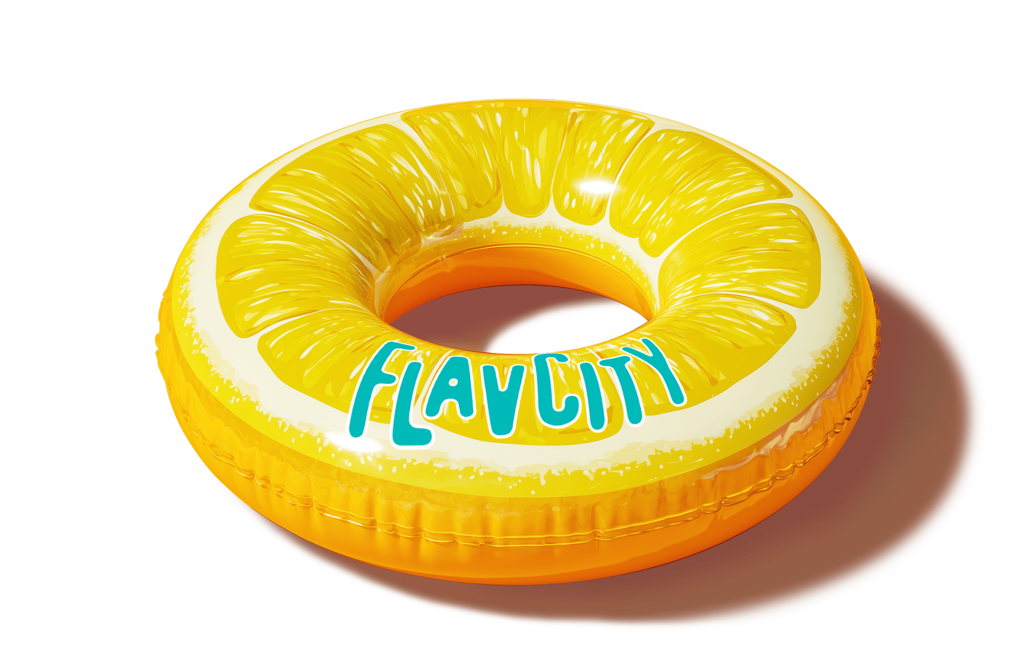 
Yellow inflatable pool float shaped like a lemon slice with “FLAVCITY” in blue letters, casting a shadow on a white background. Fun summer swim accessory.