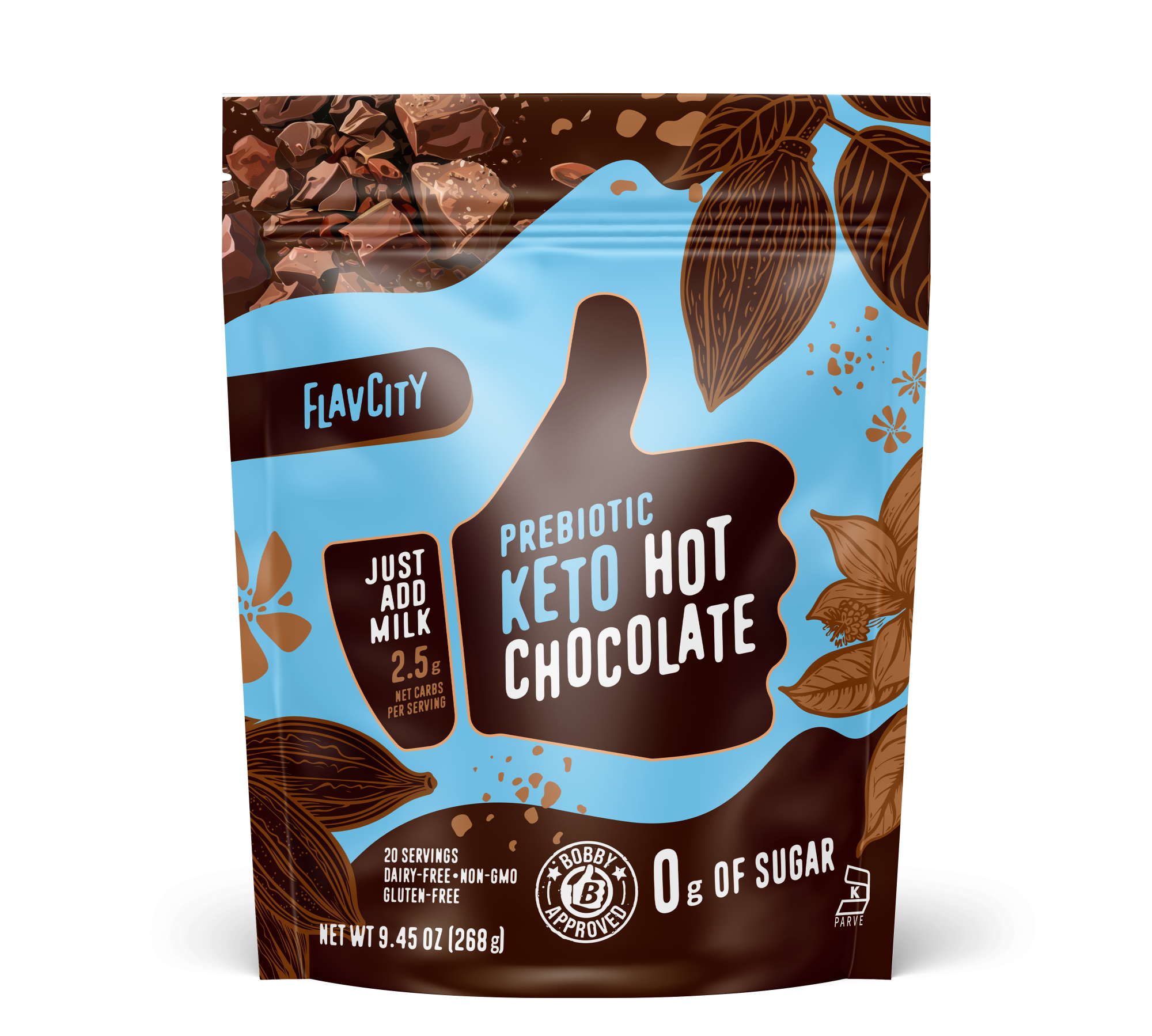 FlavCity Prebiotic Keto Hot Chocolate mix in a resealable blue and brown bag. The design features a white thumb-up graphic and text promoting 'Just add milk,' '2.5g net carbs,' '0g of sugar,' and 'Bobby Approved,' with illustrations of cocoa beans, leaves, and chocolate chunks.