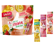 A variety pack of Fruity City Essential Drink Mix sticks in different flavors, with the packaging featuring images of lemons, strawberries, and vibrant drink mix sticks standing upright in front of the main pack.