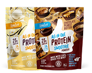 Two bags of Flavory All-in-One Protein Smoothie Powder, one in Vanilla flavor and the other Chocolate Peanut Butter, both displaying “25g protein” and “Made with Grass-Fed Whey” on the front.
