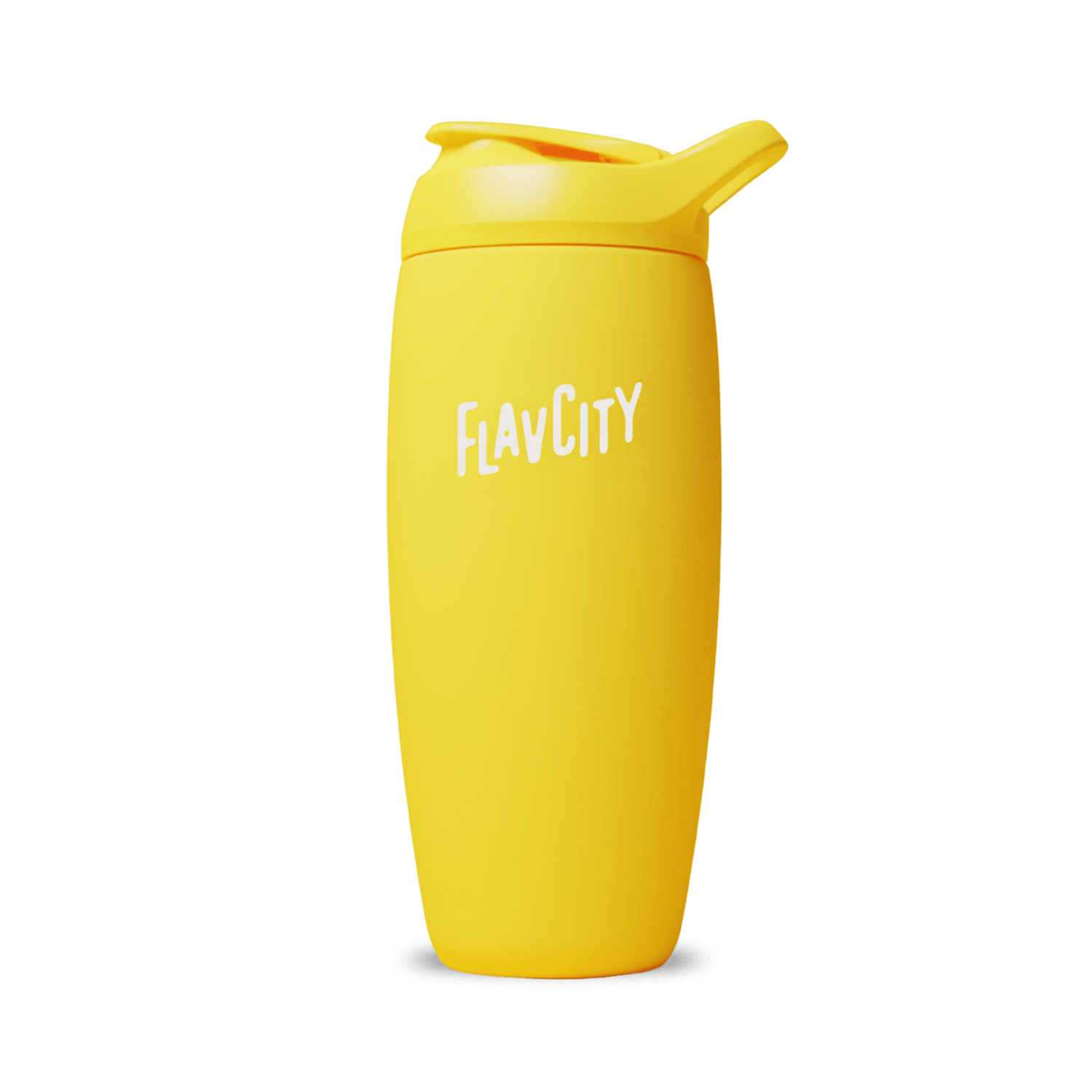 The Shop FlavCity Shaker Bottle is a bright yellow insulated bottle with a flip-top lid and “FLAVCITY” in white on the front, designed for lump-free shakes. It stands upright against a plain white background.