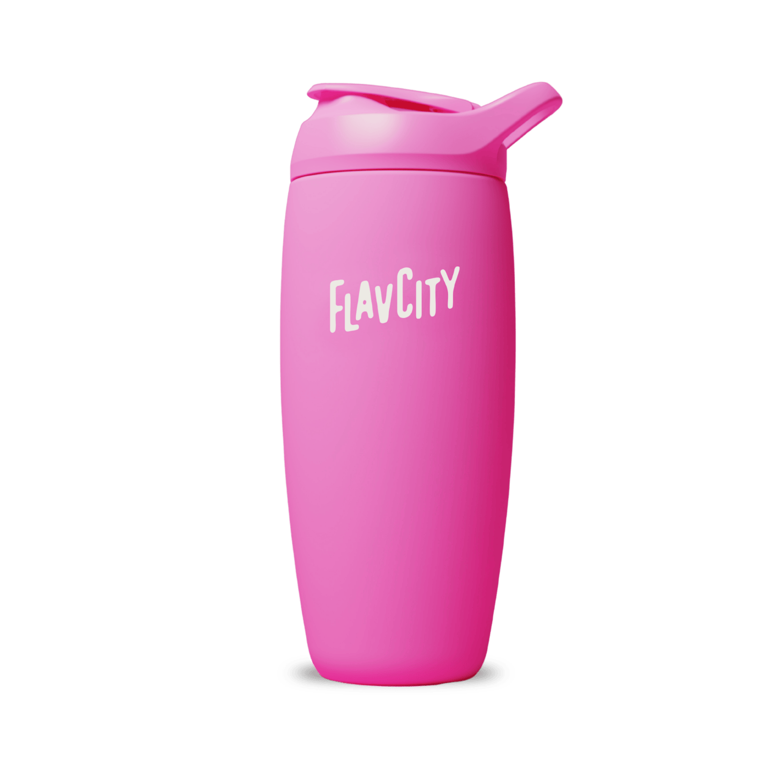 The Shop FlavCity Shaker Bottle is a bright pink insulated tumbler with a white FLAVCITY logo and flip-top lid, designed for lump-free shakes. It's shown on a plain white background.