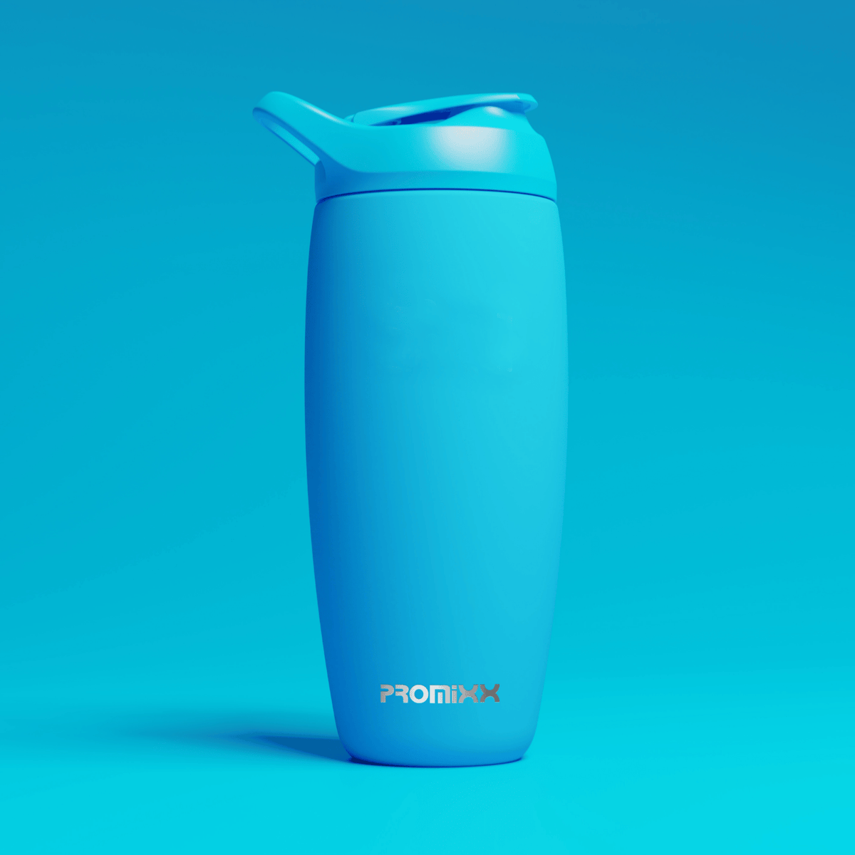 A blue PROMiXX protein shaker bottle with a flip top lid stands upright against a matching blue background.